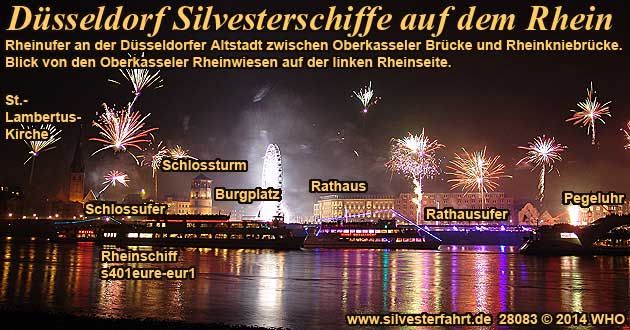 Dsseldorf Silvester auf dem Rhein. Silvesterparty auf dem Schiff mit  Silvesterfeuerwerk